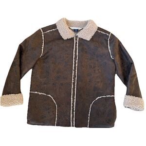Janie & Jack Faux Leather Sherpa Jacket Boys Size 5 To 6 Brown Zip Up